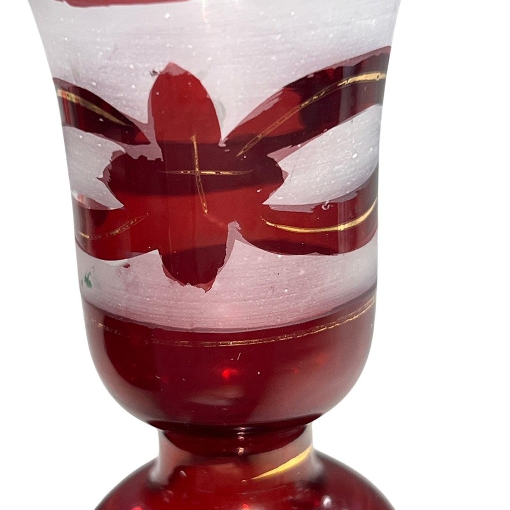 Ruby Red Bohemian Glass Vase Gold Deer and Bird Design‎ Bud Vase Decor Handblown - Picture 6 of 14
